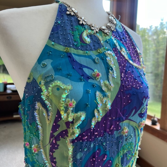 Vintage Cache Turquoise 🦋 Purple Lime Beaded Sequin Cocktail Dress Sz 12 Halter - Picture 5 of 16
